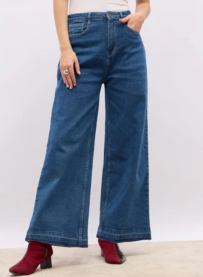 Styli High Rise Frayed Hem Wide Leg Jeans